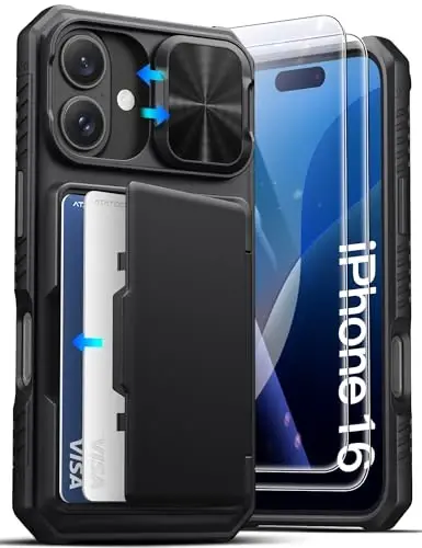 iPhone 16 uchun ATATOO g'ilofi HD temperli shisha ekran himoyachisi [2 dona], o'rnatilgan karta ushlagichi, slayd kamerali qopqoq, harbiy darajadagi himoya, iPhone 16 6.1