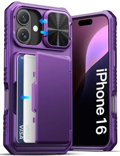 iPhone 16 uchun ATATOO hamyonli g‘ilofi karta ushlagichi (3-5 ta kartaga mo‘ljallangan) va sirg‘aluvchi linza qopqog‘i, harbiy darajadagi himoya, zarbga chidamli hamyonli telefon g‘ilofi iPhone 16 6.1