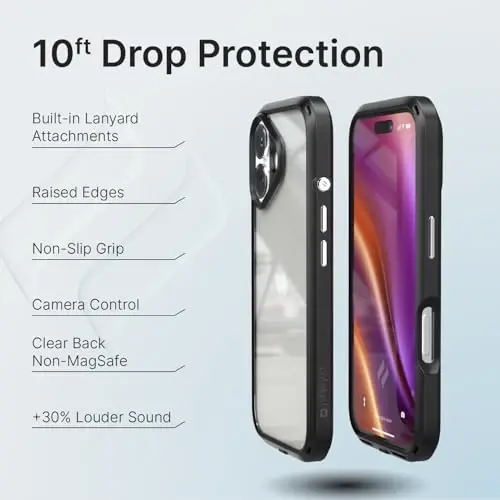 iPhone 16 uchun Catalyst Influence Case, 2.5X yuqori tushishdan himoya, sirpanmaydigan muzli qirralar va Magsafesiz tiniq orqa, ko'tarilgan qirralar himoyasi, 30% balandroq oldinga audio, lanyard qo'shilgan - 2