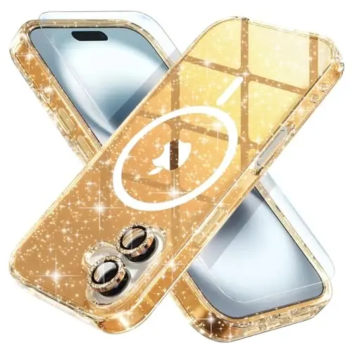 iPhone 16 uchun Choiche g'ilofi magnitli, ayollar uchun shaffof yaltiroq yaltiroq g'ilof, [2xOlmos kamera linzalari himoyachilari] [2xTempered shisha ekran himoyachilari] [MagSafe mos] 6.1