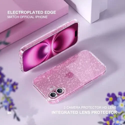 iPhone 16 Uchun Choiche mos keladi, ayollar uchun chiroyli shaffof porloq oynaydigan oynaydigan quti, [2 x olmos kamerasi linzalari himoyachilari] [2 x qattiqlashtirilgan oynali ekran himoyachilari] 6,1 dyum (porloq shaffof) - 4