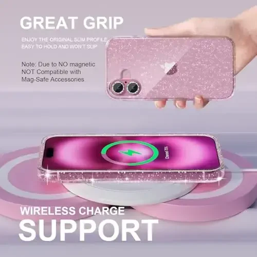 iPhone 16 Uchun Choiche mos keladi, ayollar uchun chiroyli shaffof porloq oynaydigan oynaydigan quti, [2 x olmos kamerasi linzalari himoyachilari] [2 x qattiqlashtirilgan oynali ekran himoyachilari] 6,1 dyum (porloq shaffof) - 6