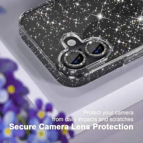 iPhone 16 uchun Choiche mos keladigan ayollar telefon qutisi, chiroyli yaltiroq, harbiy darajadagi tushishdan himoya, 2 ta olmosli kamera linzalari qopqog'i, 2 ta закаленное shisha himoyachisi, 6,1 dyuym (Glitter Black) - 3