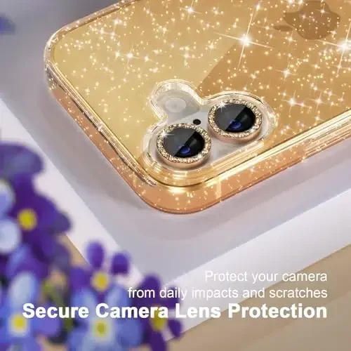 iPhone 16 uchun Choiche mos keladigan ayollar telefon qutisi, yoqimli yaltiroq, harbiy darajadagi tushishdan himoya, 2 olmosli kamera linzalari qoplamasi, 2 закаленное şüşə himoyachisi, 6,1 dyuym (Yaltiroq oltin) - 3