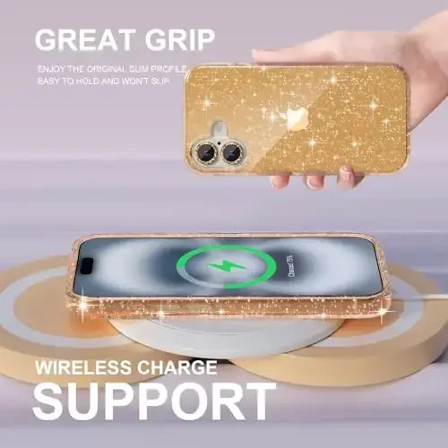 iPhone 16 uchun Choiche mos keladigan ayollar telefon qutisi, yoqimli yaltiroq, harbiy darajadagi tushishdan himoya, 2 olmosli kamera linzalari qoplamasi, 2 закаленное şüşə himoyachisi, 6,1 dyuym (Yaltiroq oltin) - 6