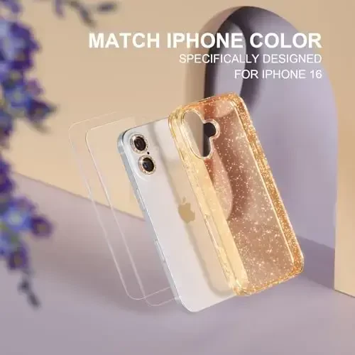 iPhone 16 uchun Choiche mos keladigan ayollar telefon qutisi, yoqimli yaltiroq, harbiy darajadagi tushishdan himoya, 2 olmosli kamera linzalari qoplamasi, 2 закаленное şüşə himoyachisi, 6,1 dyuym (Yaltiroq oltin) - 7