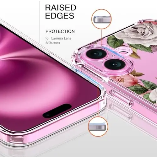 iPhone 16 uchun ekran himoyachisi, takomillashtirilgan kamera himoyasi, billur akril tiniq, qizlar uchun moda naqshli dizaynlar, ingichka mos keladigan himoya telefon qopqog'i 6,1