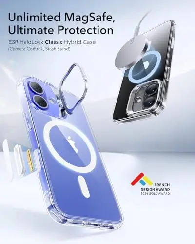 iPhone 16 uchun ESR g‘ilofi, MagSafe bilan mos keluvchi kamera boshqaruv tugmasi, iPhone 16 uchun harbiy darajadagi himoya g‘ilofi, o‘rnatilgan Stash Stand telefon g‘ilofi, tirnalishga chidamli orqa qopqoq, shaffof - 3