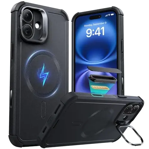 iPhone 16 uchun ESR g'ilofi Stash Stand, Kamera boshqaruvi, 23FT harbiy darajadagi zarbani yutuvchi tushishdan himoya, MagSafe aksessuarlari bilan mos, Magnetic Cyber Series, Qora - 1