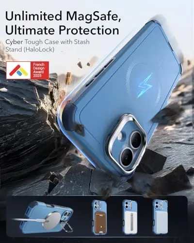 iPhone 16 uchun ESR g'ilofi stend bilan, 7 metrlik harbiy standartdagi zarbadan himoya, kuchli magnitli telefon g'ilofi, MagSafe aksessuarlari bilan mos, Cyber Series, och ko'k 