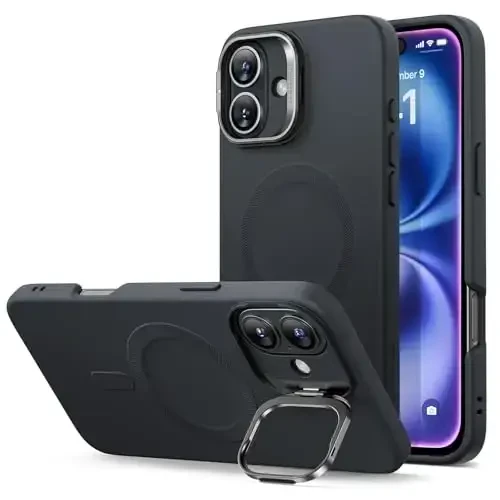 iPhone 16 uchun ESR g‘ilofi, stendli silikon g‘ilof, mos, harbiy darajadagi himoya, o‘rnatilgan kamera stendi, iPhone 16 uchun magnitli telefon g‘ilofi, Cloud seriyasi, qora 