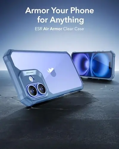 iPhone 16 uchun ESR g'ilofi, zarbani yutuvchi burchaklar bilan harbiy darajadagi himoya, tirnalishga chidamli va sarg'ayishga qarshi akril orqa, ingichka himoya telefon g'ilofi, Air-Armor seriyasi, tiniq ko'k - 2