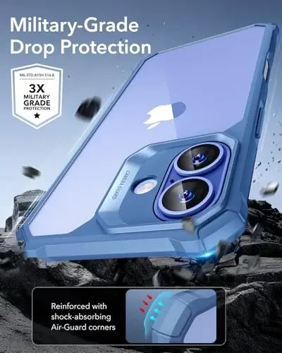 iPhone 16 uchun ESR g'ilofi, zarbani yutuvchi burchaklar bilan harbiy darajadagi himoya, tirnalishga chidamli va sarg'ayishga qarshi akril orqa, ingichka himoya telefon g'ilofi, Air-Armor seriyasi, tiniq ko'k - 3