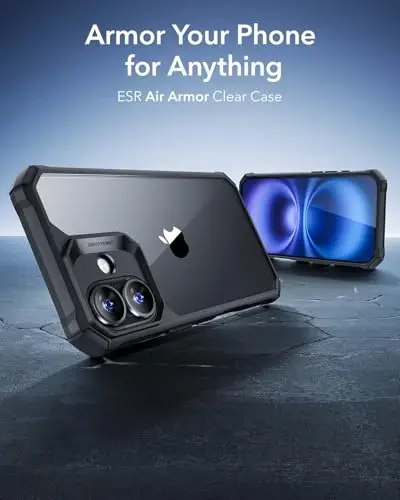 iPhone 16 uchun ESR g'ilofi, zarbani yutuvchi burchaklar bilan harbiy darajadagi himoya, tirnalishga chidamli va sarg'ayishga qarshi akril orqa, ingichka himoya telefon g'ilofi, Air-Armor seriyasi, tiniq qora - 2