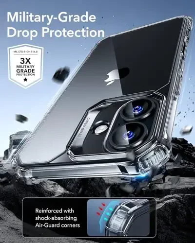 iPhone 16 uchun ESR g'ilofi, zarbani yutuvchi burchaklar bilan harbiy darajadagi himoya, tirnalishga chidamli va sarg'ayishga qarshi akril orqa qismi, ingichka himoya telefon g'ilofi, Air-Armor seriyasi, shaffof - 3