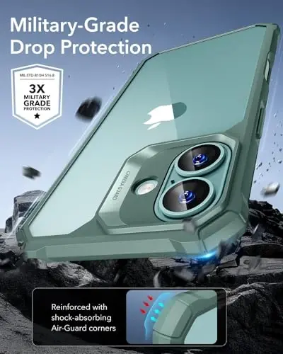 iPhone 16 uchun ESR g'ilofi, zarbani yutuvchi burchaklari bilan harbiy darajadagi himoya, tirnalishga chidamli va sarg'ayishga qarshi akril orqa, ingichka himoya telefon g'ilofi, Air-Armor seriyasi, toza yashil - 3