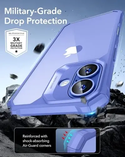 iPhone 16 uchun ESR g'ilofi, zarbani yutuvchi burchaklari bilan harbiy darajadagi himoya, tirnalishga chidamli va sarg'ayishga qarshi akril orqa, ingichka himoya telefon g'ilofi, Air-Armor seriyasi, yangi tiniq ko'k - 3