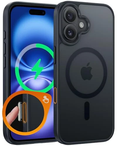 iPhone 16 uchun FNTCASE: Kamera boshqaruvini qo'llab-quvvatlaydigan magnitli mot shaffof telefon g'ilofi - Harbiy darajadagi zarbaga chidamli himoya qopqog'i (Qora/Kamera boshqaruvi) - FNTCASE