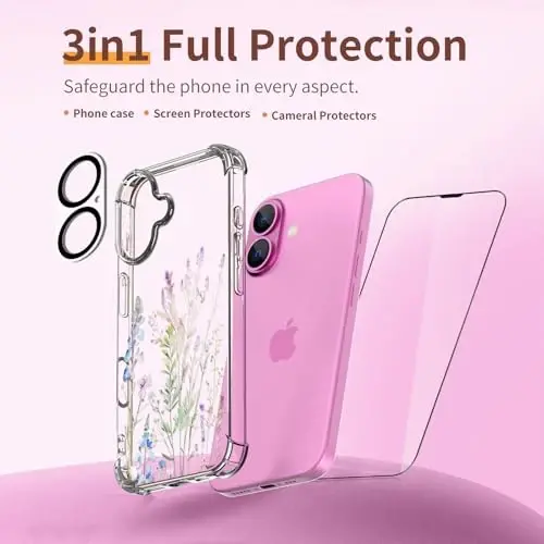 iPhone 16 uchun g‘ilof ilnehc, [3 tasi 1 da] ekran himoyachisi va kamera linzalari himoyachisi bilan, gul naqshli dizayn, tiniq yumshoq zarbga chidamli ingichka gulli telefon qopqog‘i ayollar qizlar uchun 2024 6.1