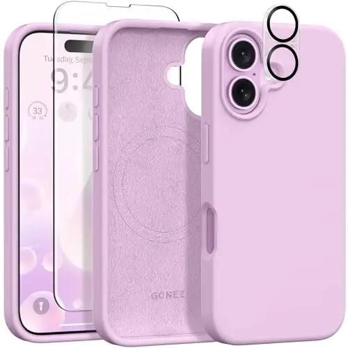 iPhone 16 uchun GONEZ Magnetic g'ilofi, MagSafe bilan mos, [Ekran himoyachisi + Kamera linzalari himoyachisi], Silikon zarbaga chidamli tirnalishga qarshi himoya telefon g'ilofi 6.1 dyuym, Ochiq lilak - 1