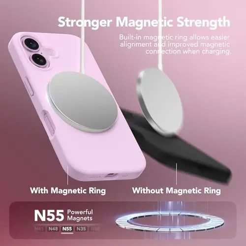 iPhone 16 uchun GONEZ Magnetic g'ilofi, MagSafe bilan mos, [Ekran himoyachisi + Kamera linzalari himoyachisi], Silikon zarbaga chidamli tirnalishga qarshi himoya telefon g'ilofi 6.1 dyuym, Ochiq lilak - 3