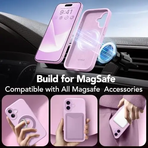 iPhone 16 uchun GONEZ Magnetic g'ilofi, MagSafe bilan mos, [Ekran himoyachisi + Kamera linzalari himoyachisi], Silikon zarbaga chidamli tirnalishga qarshi himoya telefon g'ilofi 6.1 dyuym, Ochiq lilak - 4