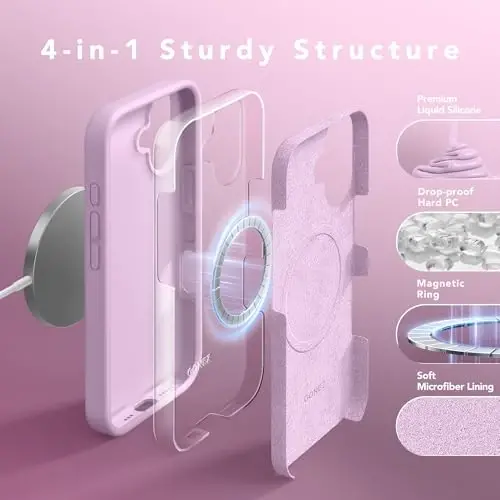 iPhone 16 uchun GONEZ Magnetic g'ilofi, MagSafe bilan mos, [Ekran himoyachisi + Kamera linzalari himoyachisi], Silikon zarbaga chidamli tirnalishga qarshi himoya telefon g'ilofi 6.1 dyuym, Ochiq lilak - 5