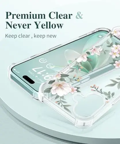 iPhone 16 uchun GVIEWIN guli g‘ilof, ekran va kamera linzalari himoyasi bilan, [sarg‘aymaydigan] ayollar uchun yumshoq zarbaga chidamli shaffof himoya g‘ilofi, gul naqshli dizayn 6.1