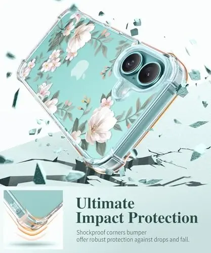 iPhone 16 uchun GVIEWIN guli g‘ilof, ekran va kamera linzalari himoyasi bilan, [sarg‘aymaydigan] ayollar uchun yumshoq zarbaga chidamli shaffof himoya g‘ilofi, gul naqshli dizayn 6.1