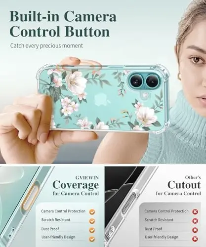 iPhone 16 uchun GVIEWIN guli g‘ilof, ekran va kamera linzalari himoyasi bilan, [sarg‘aymaydigan] ayollar uchun yumshoq zarbaga chidamli shaffof himoya g‘ilofi, gul naqshli dizayn 6.1