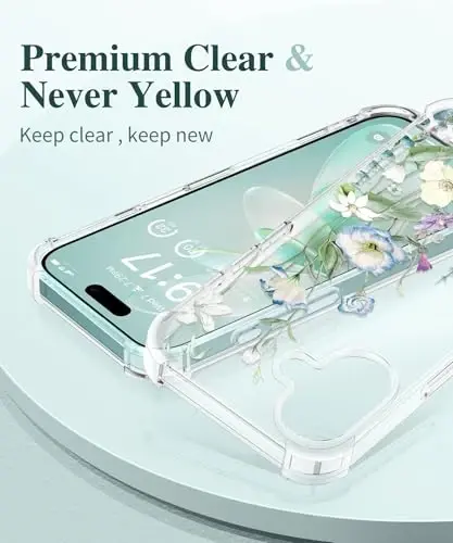 iPhone 16 uchun GVIEWIN guli g‘ilof, ekran va kamera linzalari uchun himoya plyonkasi bilan, [sarg‘aymaydigan] ayollar uchun yumshoq zarbaga chidamli shaffof himoya g‘ilofi, gul naqshli dizayn 6.1