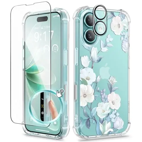 iPhone 16 uchun GVIEWIN guli g‘ilof, ekran va kamera linzalari uchun himoyachi bilan, [sarg‘aymaydigan] ayollar uchun yumshoq, zarbga chidamli shaffof himoya g‘ilofi, gul naqshli dizayn 6.1