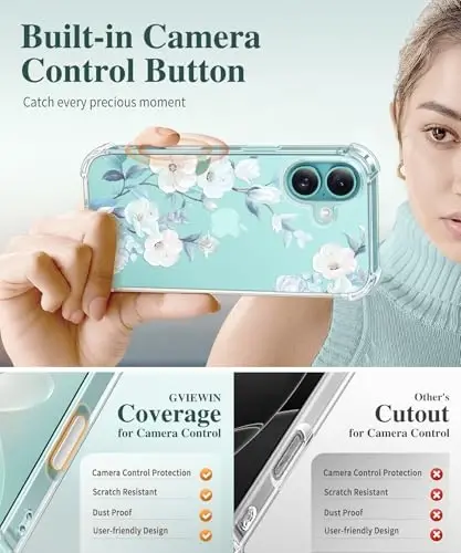 iPhone 16 uchun GVIEWIN guli g‘ilof, ekran va kamera linzalari uchun himoyachi bilan, [sarg‘aymaydigan] ayollar uchun yumshoq, zarbga chidamli shaffof himoya g‘ilofi, gul naqshli dizayn 6.1