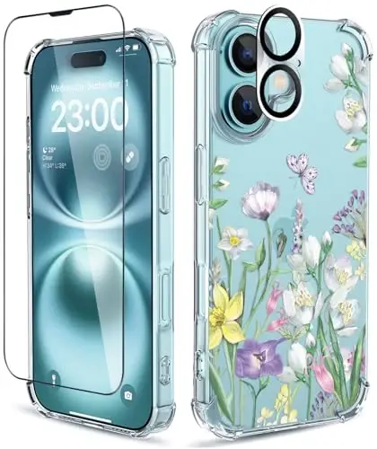 iPhone 16 uchun ilnehc g'ilofi, [3 in 1] ekran himoyachisi va kamera linzalari himoyachisi bilan, gul naqshli dizayn, ayollar qizlar uchun shaffof yumshoq zarbaga chidamli ingichka gul telefon qopqog'i 2024 6.1