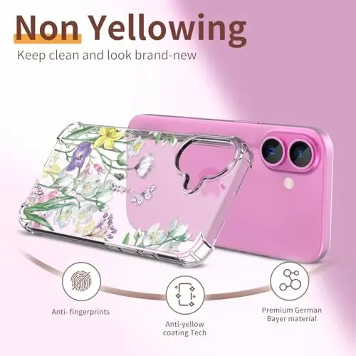 iPhone 16 uchun ilnehc g'ilofi, [3 in 1] ekran himoyachisi va kamera linzalari himoyachisi bilan, gul naqshli dizayn, ayollar qizlar uchun shaffof yumshoq zarbaga chidamli ingichka gul telefon qopqog'i 2024 6.1