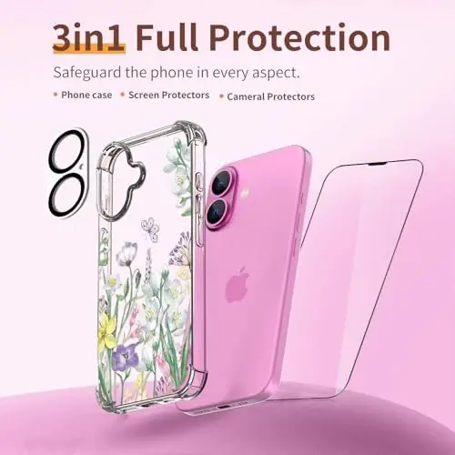 iPhone 16 uchun ilnehc g'ilofi, [3 in 1] ekran himoyachisi va kamera linzalari himoyachisi bilan, gul naqshli dizayn, ayollar qizlar uchun shaffof yumshoq zarbaga chidamli ingichka gul telefon qopqog'i 2024 6.1