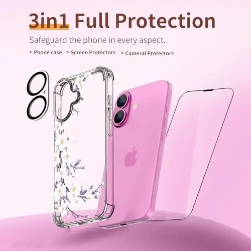 iPhone 16 uchun ilnehc gʻilofi, [3 in 1] ekran himoyachisi va kamera linzalari himoyachisi bilan, gul naqshli dizayn, shaffof yumshoq zarbaga chidamli ingichka gul telefon qopqogʻi ayollar qizlar uchun 2024 6.1