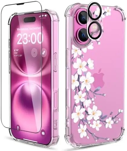 iPhone 16 uchun ilnehc gʻilofi, [3 in 1] ekran himoyachisi va kamera linzalari himoyachisi bilan, gul naqshli dizayn, shaffof yumshoq zarbaga chidamli ingichka gul telefon qopqogʻi ayollar qizlar uchun 2024 6.1