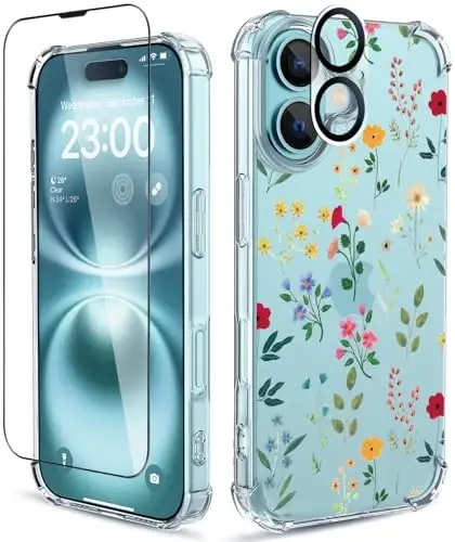 iPhone 16 uchun ilnehc g'ilofi, [3 in 1] ekran himoyachisi va kamera linzalari himoyachisi bilan, gul naqshli dizayn, shaffof yumshoq zarbaga chidamli ingichka gul telefon qopqog'i ayollar qizlar uchun 2024 6.1
