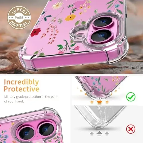 iPhone 16 uchun ilnehc g'ilofi, [3 in 1] ekran himoyachisi va kamera linzalari himoyachisi bilan, gul naqshli dizayn, shaffof yumshoq zarbaga chidamli ingichka gul telefon qopqog'i ayollar qizlar uchun 2024 6.1