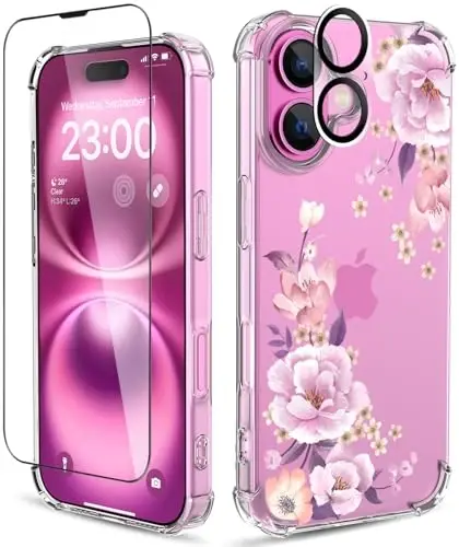 iPhone 16 uchun ilnehc g'ilofi, [3 in 1] ekran himoyachisi va kamera linzalari himoyachisi bilan, gul naqshli dizayn, tiniq yumshoq zarbaga chidamli ingichka gul telefon qopqog'i ayollar qizlar uchun 2024 6.1