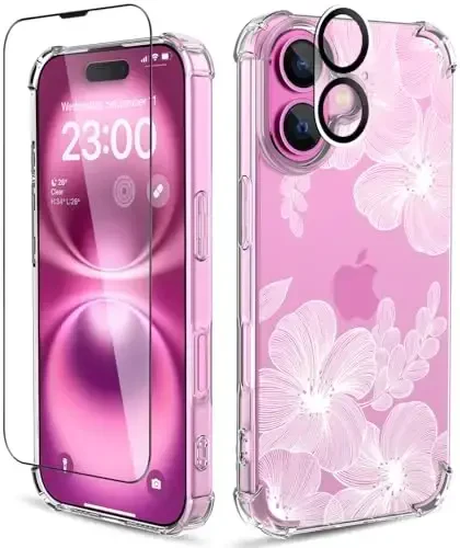 iPhone 16 uchun ilnehc g'ilofi, [3 in 1] ekran himoyachisi va kamera linzalari himoyachisi bilan, gul naqshli dizayn, tiniq yumshoq zarbga chidamli nozik gul telefon qopqog'i ayollar qizlar uchun 2024 6.1