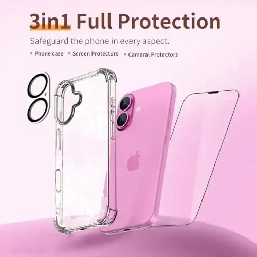 iPhone 16 uchun ilnehc g'ilofi, [3 in 1] ekran himoyachisi va kamera linzalari himoyachisi bilan, gul naqshli dizayn, tiniq yumshoq zarbga chidamli nozik gul telefon qopqog'i ayollar qizlar uchun 2024 6.1