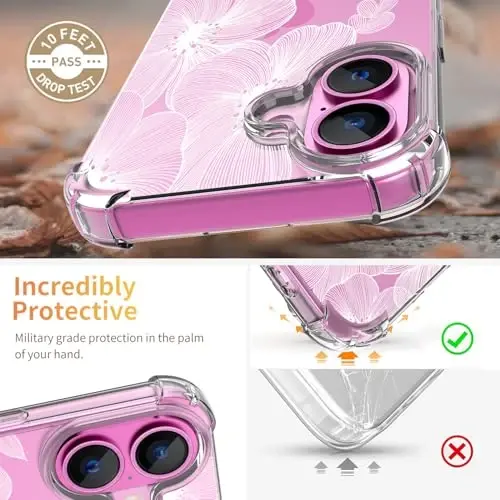 iPhone 16 uchun ilnehc g'ilofi, [3 in 1] ekran himoyachisi va kamera linzalari himoyachisi bilan, gul naqshli dizayn, tiniq yumshoq zarbga chidamli nozik gul telefon qopqog'i ayollar qizlar uchun 2024 6.1