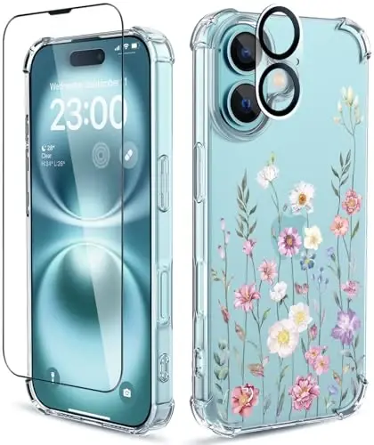 iPhone 16 uchun ilnehc g'ilofi, ekran himoyachisi va kamera linzalari himoyachisi bilan [3 in 1], gul naqshli dizayn, ayollar qizlar uchun shaffof yumshoq zarbaga chidamli ingichka gul telefon qopqog'i 2024 6.1