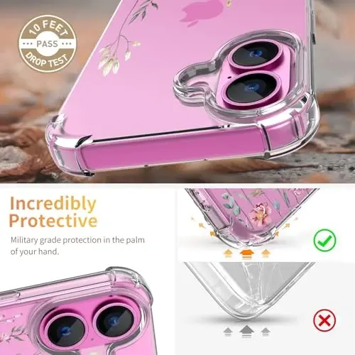 iPhone 16 uchun ilnehc g'ilofi, ekran himoyachisi va kamera linzalari himoyachisi bilan [3 in 1], gul naqshli dizayn, ayollar qizlar uchun shaffof yumshoq zarbaga chidamli ingichka gul telefon qopqog'i 2024 6.1