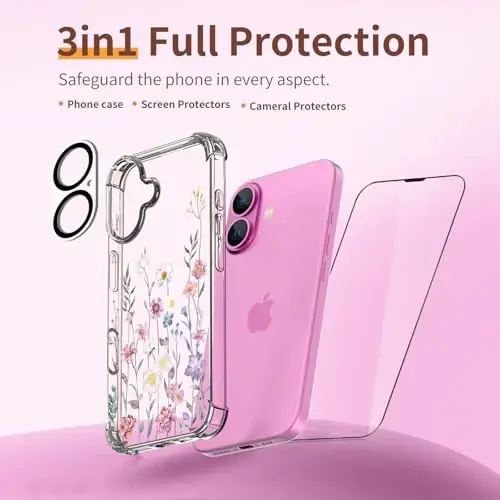 iPhone 16 uchun ilnehc g'ilofi, ekran himoyachisi va kamera linzalari himoyachisi bilan [3 in 1], gul naqshli dizayn, ayollar qizlar uchun shaffof yumshoq zarbaga chidamli ingichka gul telefon qopqog'i 2024 6.1