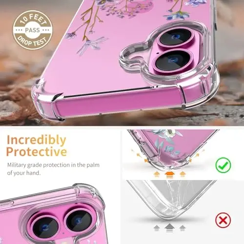 iPhone 16 uchun ilnehc g'ilofi, ekran himoyachisi va kamera linzalari himoyachisi bilan [3 in 1], gul naqshli dizayn, ayollar qizlar uchun tiniq yumshoq zarbaga chidamli ingichka gul telefon qopqog'i 2024 6.1