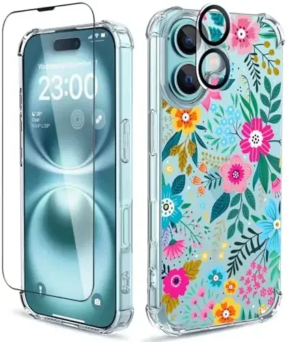 iPhone 16 uchun ilnehc g'ilofi, ekran himoyachisi va kamera linzalari himoyachisi bilan [3 in 1], gul naqshli dizayn, shaffof yumshoq zarbaga chidamli ingichka gul telefon qopqog'i ayollar qizlar uchun 2024 6.1