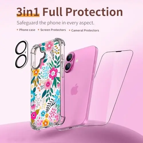 iPhone 16 uchun ilnehc g'ilofi, ekran himoyachisi va kamera linzalari himoyachisi bilan [3 in 1], gul naqshli dizayn, shaffof yumshoq zarbaga chidamli ingichka gul telefon qopqog'i ayollar qizlar uchun 2024 6.1